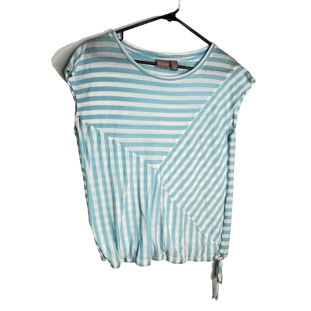 Chicos Blue White Stripes Asymmetrical  blouse  1 Top M 6 8